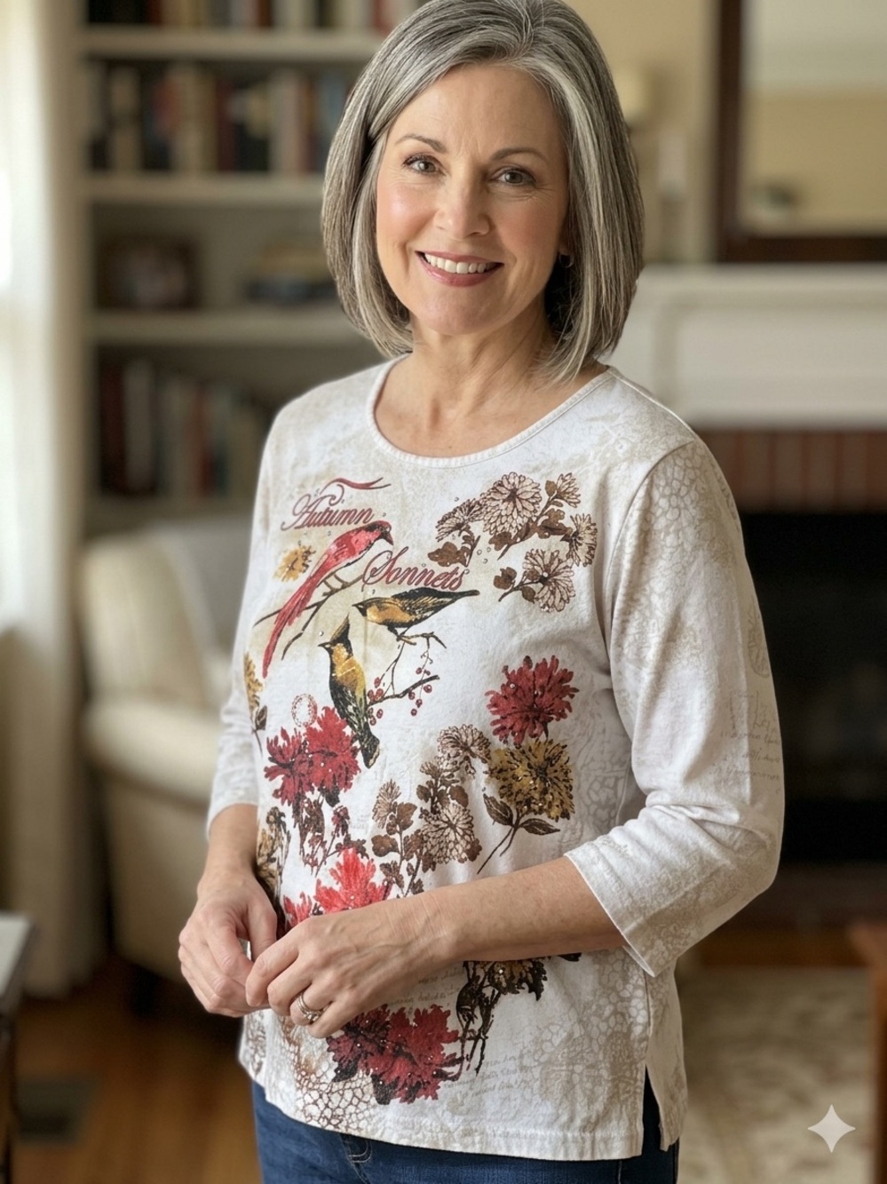 Bon Worth Cream Floral & Bird Long Sleeve Tee with Red Accents